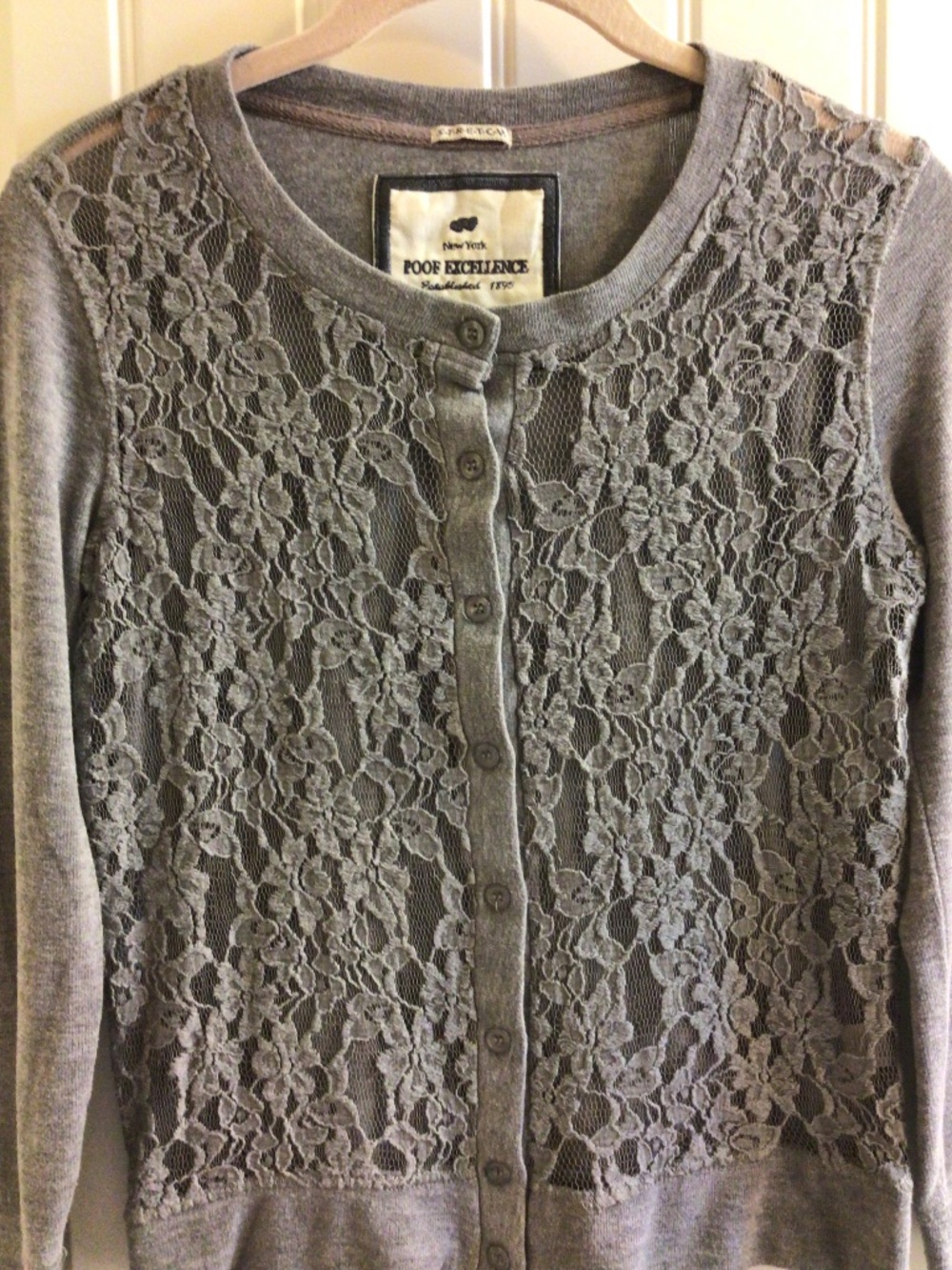 Button-front Cardigan by Poof Excellence Gray Floral Lace Sz M